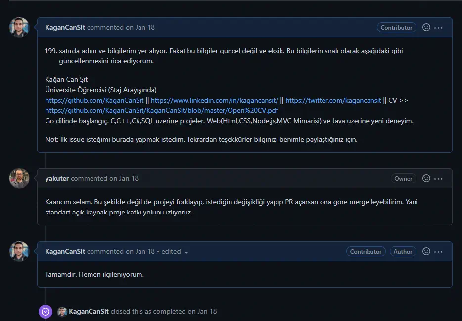Github'da Yer Alan Comment İçeriklerinin Ekran Alıntısı