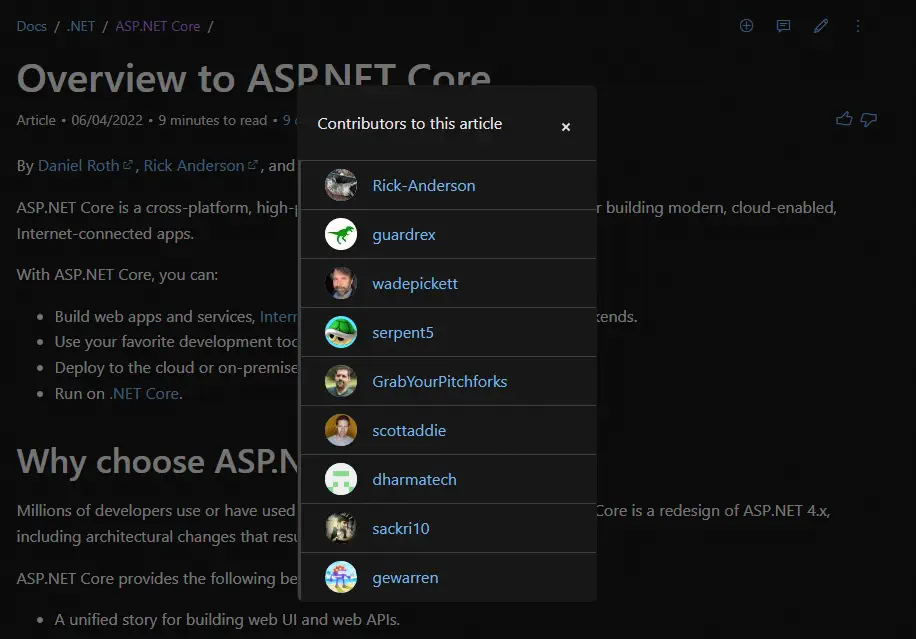 Microsoft Dokümanlarına Katkı Sağlayanların Bulunduğu Listenin Ekran Alıntısı