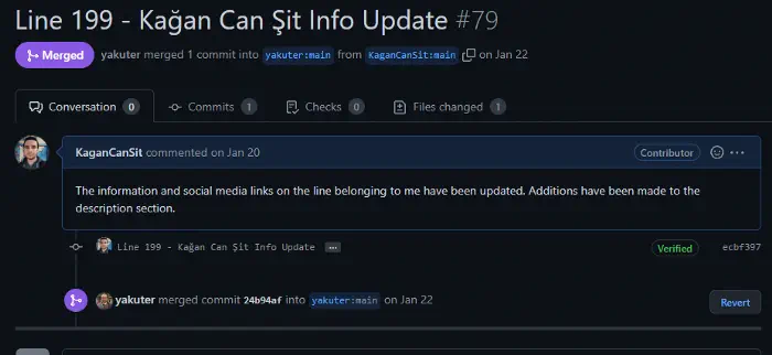 GitHub'da Kabul Edilmiş Bir PR İsteğinin Ekran Alıntısı